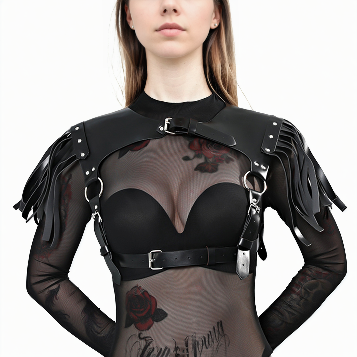 Black Long Fringe Leather Shoulder Guard Strap – Dramatic Statement Accessory