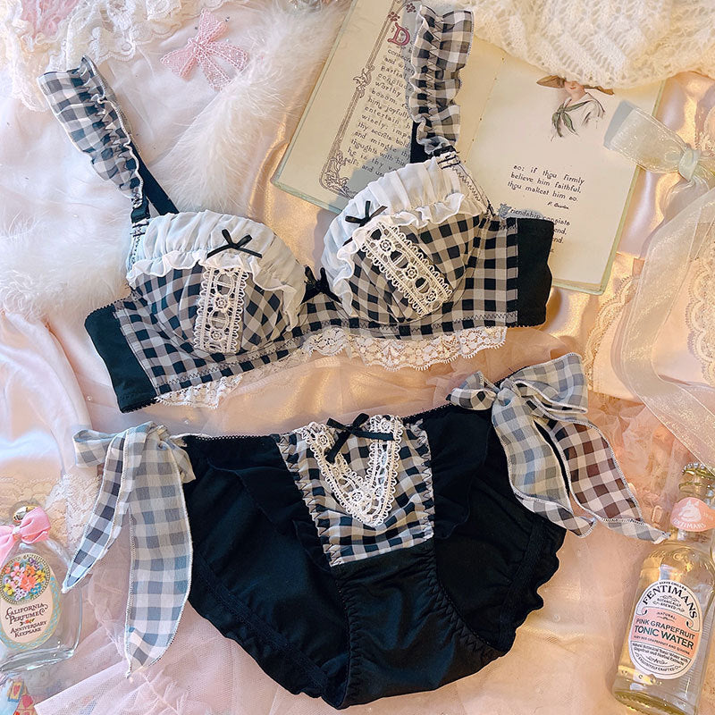 Playful Gingham and Lace Lingerie Set - StylinArts-Bras and Briefs-StylinArts