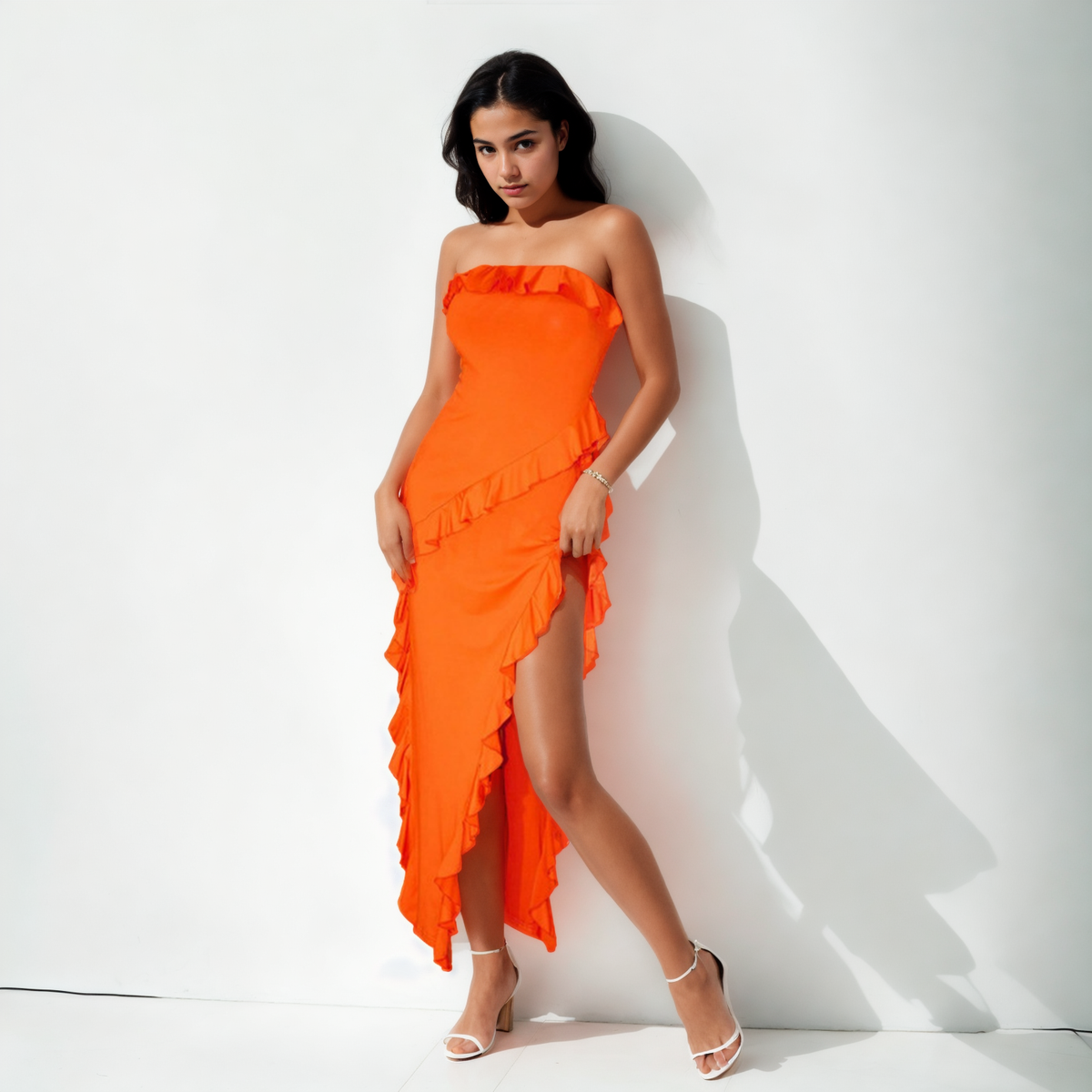 Desert Rose Elegance: Middle East Tube Top Ruffled Orange High Slit Evening Party Dress - StylinArts