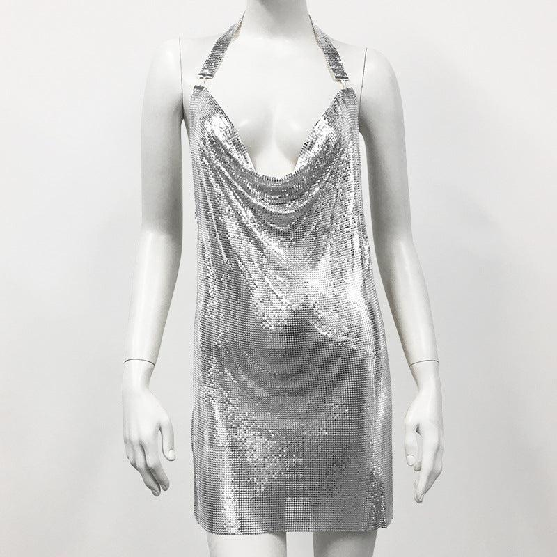 Sequined Metal Halterneck Cami Dress: Nightclub Party Dress-Cami Dress-StylinArts