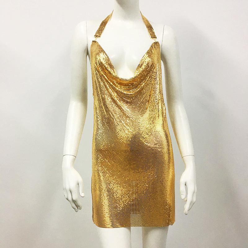 Sequined Metal Halterneck Cami Dress: Nightclub Party Dress-Cami Dress-StylinArts