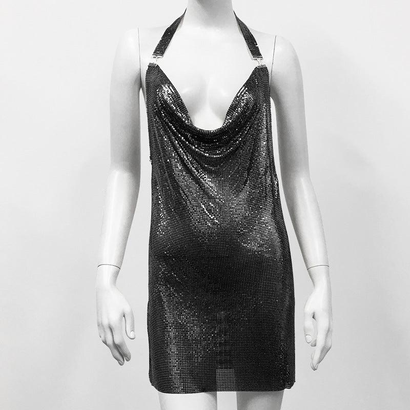 Sequined Metal Halterneck Cami Dress: Nightclub Party Dress-Cami Dress-StylinArts