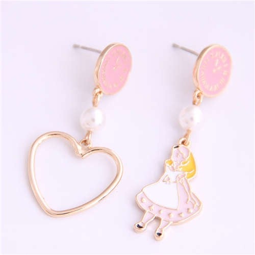 Cartoon Girl and Heart Asymmetric Pattern Clock Dial Design High Fashion Women Earrings - Pink