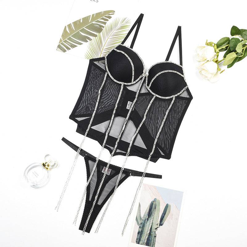 Chain Gathering Mesh Lingerie Two-Piece Set.