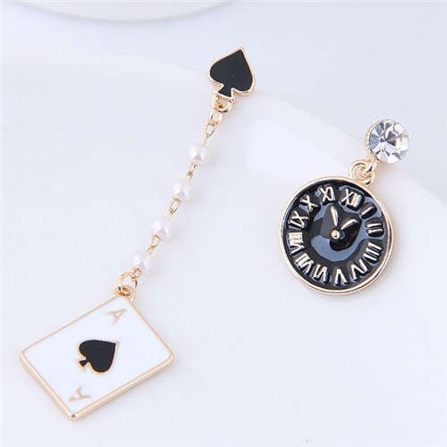 Clock and Poker Asymmetric Design High Fashion Women Statement Earrings - Black