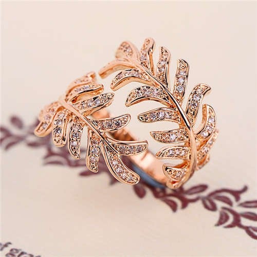 Cubic Zirconia Embellished Unique Feather Design 18K Rose Gold Plated Ring