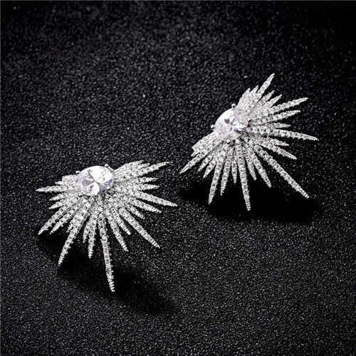 Cubic Zirconia Feather Pattern Design Women 18k Platinum Plated Earrings
