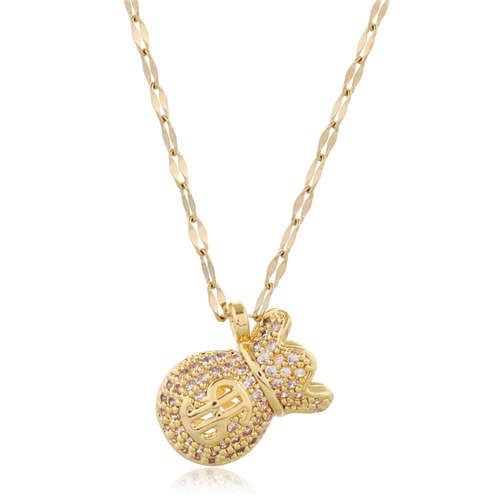 Cubic Zirconia Money Bag Pendant High Fashion Women Necklace - Golden