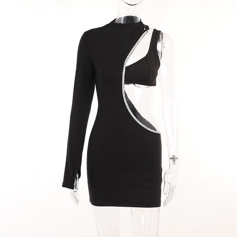 One-Shoulder Rhinestone Cutout Dress: Sleek Slim-Fit Party Style-CutOut Dress-StylinArts