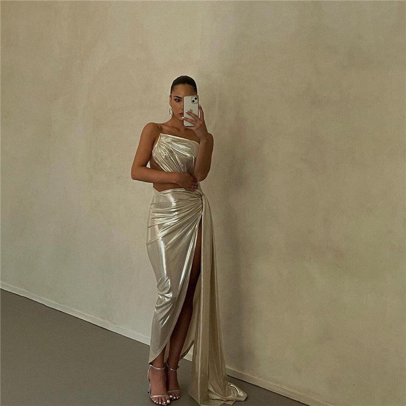 Metallic Coated Backless Slim Dress-CutOut Dress-StylinArts