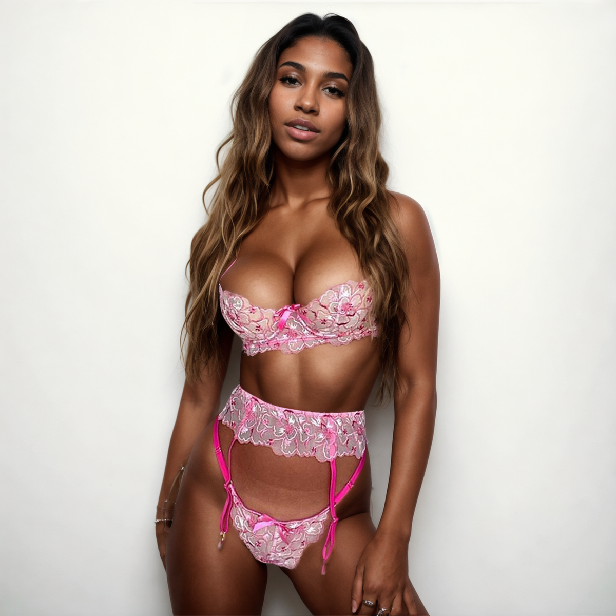 Blush Reverie – Pink Floral Lace Bra Set with Garter Belt and Thong