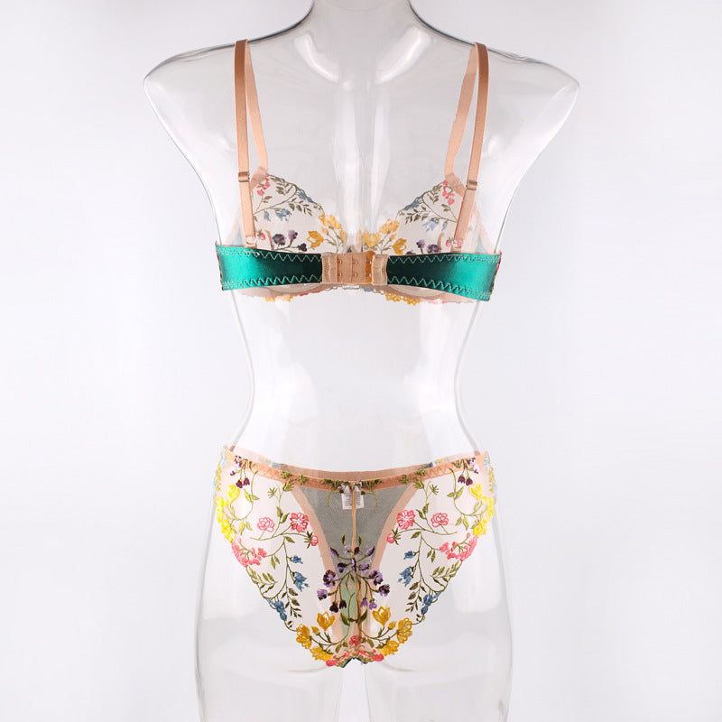 Vibrant Floral Embroidered Mesh Lingerie Set - StylinArts-Bras and Briefs-StylinArts