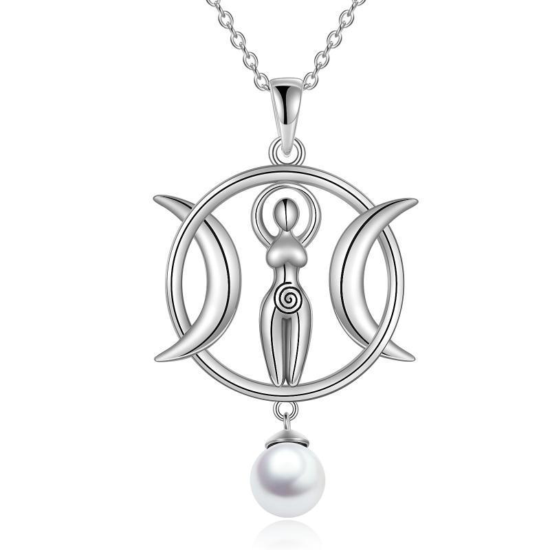 Lunar Essence: Triple Moon Goddess Pearl Pendant Sterling silver-Fashion Necklaces-StylinArts