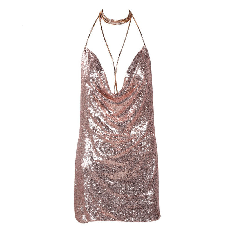 V Short Dress With Deep Backless Sequins - StylinArts