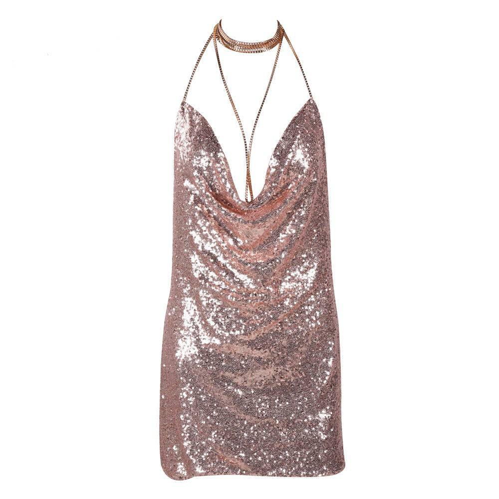 Gleaming Nightfall: V Short Backless Sequin Dress-Cami Dress-StylinArts