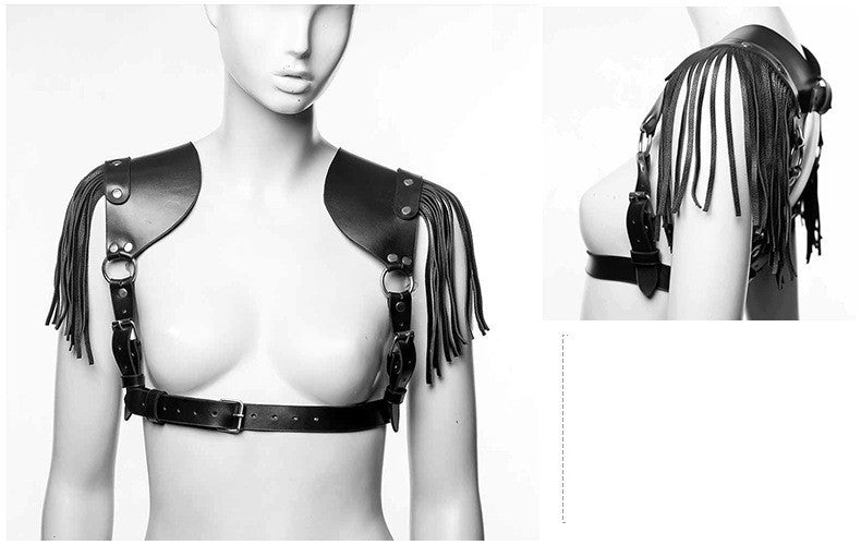 Black Long Fringe Shoulder Guard Strap-Suspender Belts-StylinArts