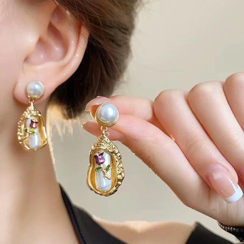 Eternal Blossom: Handcrafted Pearl & Gold Rose Earrings-Fashion Earrings-StylinArts