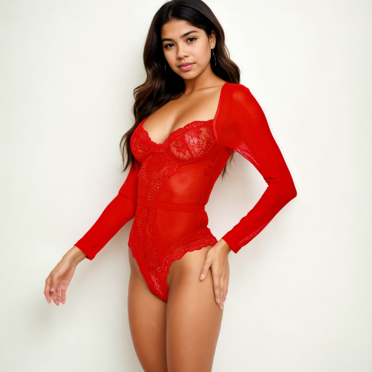 Eternal Seduction – Long-Sleeved Lace Bodysuit with Sheer Panels