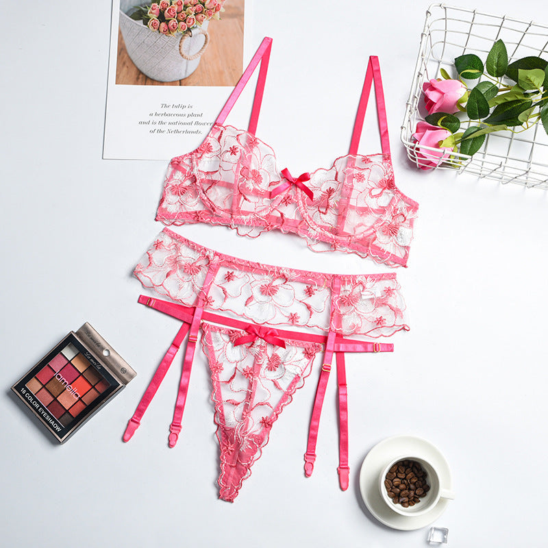 Blush Reverie – Pink Floral Lace Bra Set with Garter Belt and Thong