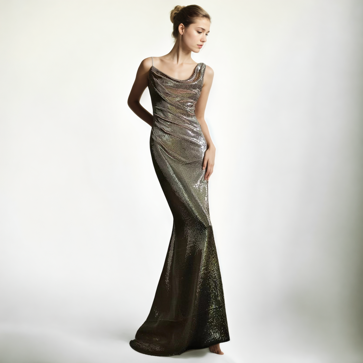 Golden Glamour: Elegant Sequined Fishtail Evening Dress - StylinArts