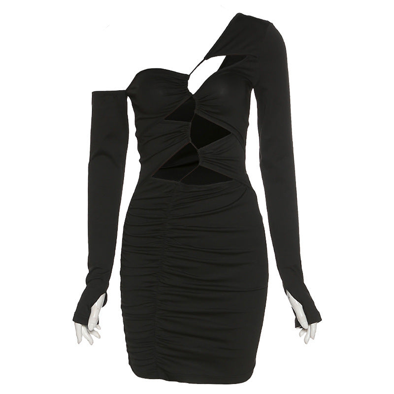Edgy Elegance: Slanted Shoulder Cutout Dress with Backless Detail-CutOut Dress-StylinArts