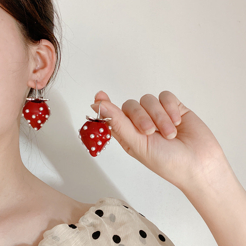 Whimsical Strawberry Drop Earrings – Playful Pearl-Adorned Fruit Design-Fashion Earrings-StylinArts