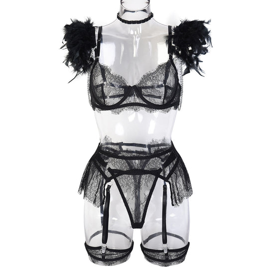Midnight Soirée Feather Garter Set-Black-L-Basques-StylinArts