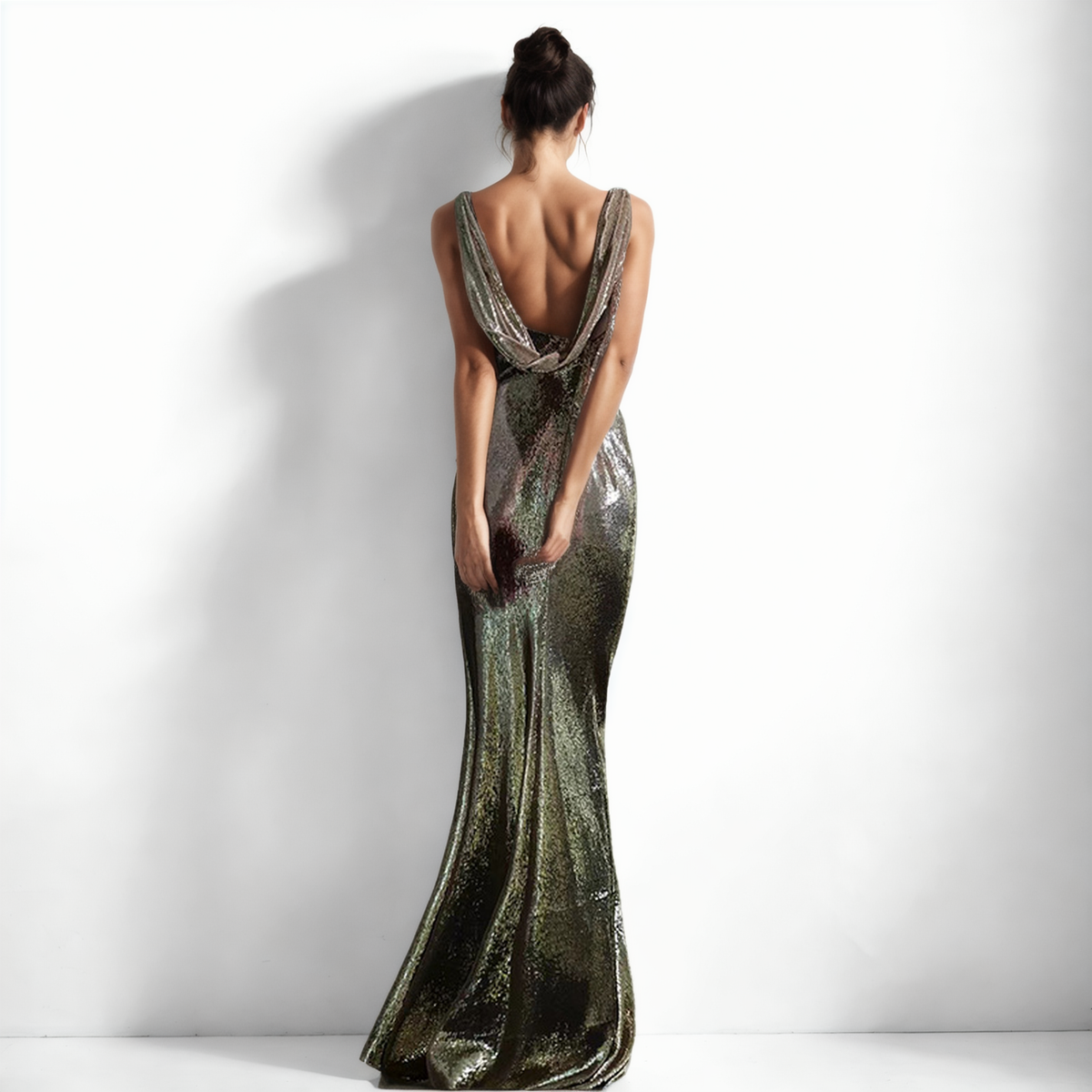 Golden Glamour: Elegant Sequined Fishtail Evening Dress-Maxi Dress-StylinArts