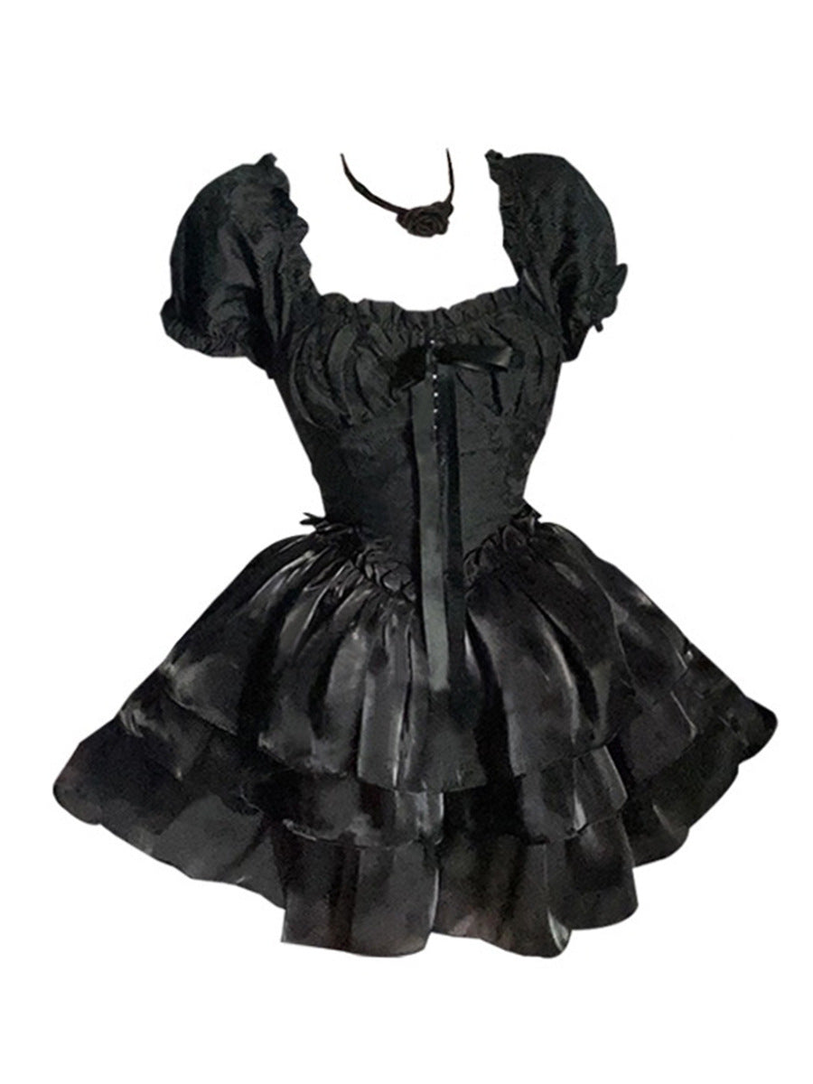 Classic Elegance: Waist-Controlled Art Retro Dress with Neck Flower-A Line Dress-StylinArts