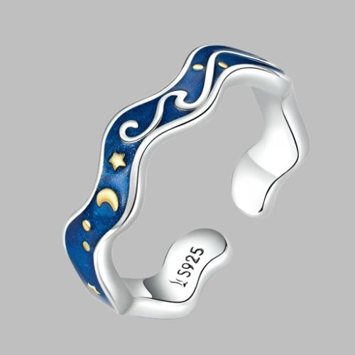 Elegant Oil-spot Glazed Blue Starry Sky Wave Shape Wholesale 925 Sterling Silver Ring