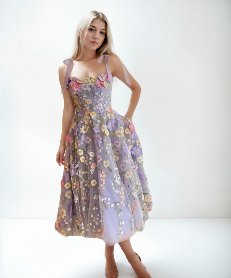 Ethereal Blossom: Three-Dimensional Flower Embroidered Sling Dress - StylinArts