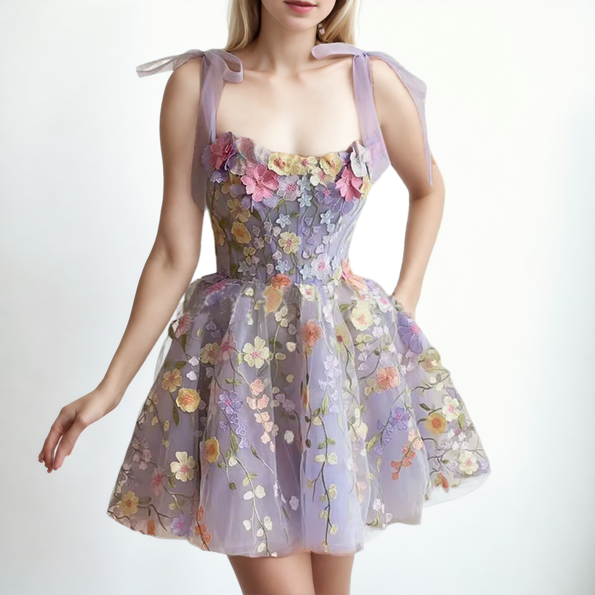 Ethereal Blossom: Three-Dimensional Flower Embroidered Sling Dress - StylinArts