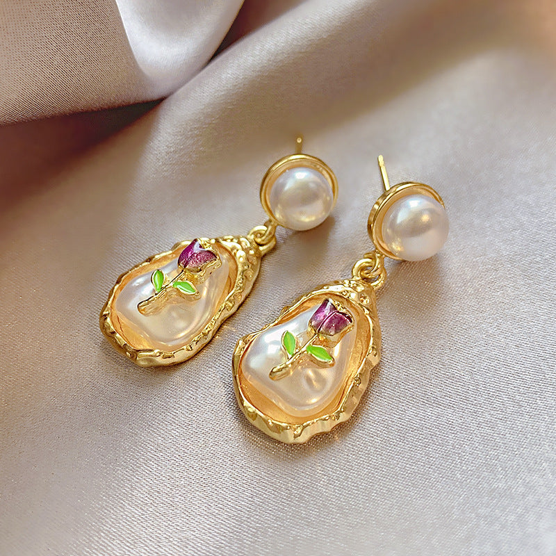 Eternal Blossom: Handcrafted Pearl & Gold Rose Earrings-Fashion Earrings-StylinArts