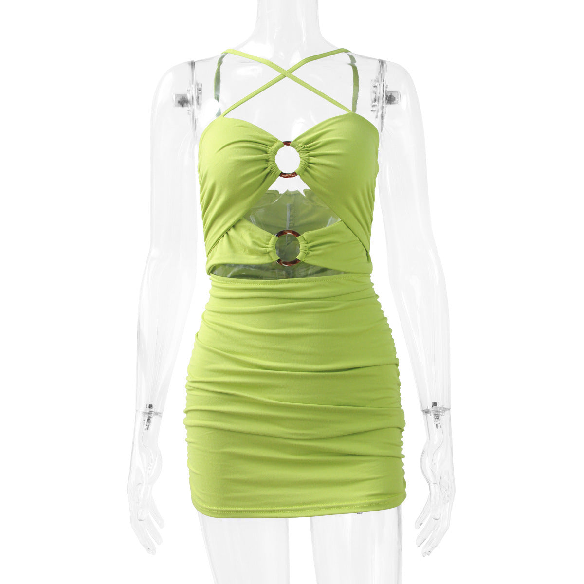 Verdant Charm: Hollow Pleated Sling Dress for a Sleek Silhouette-CutOut Dress-StylinArts