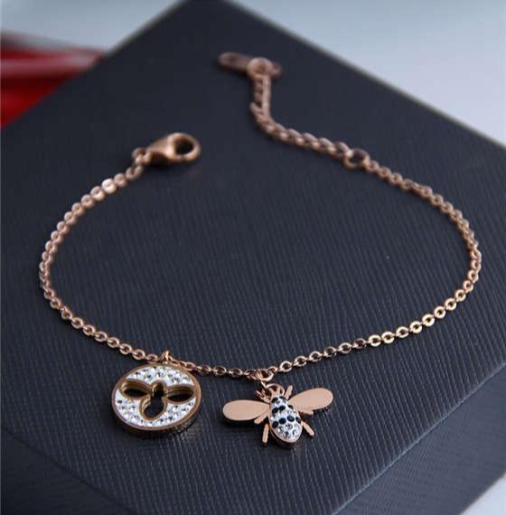 Honey Charm: Rose Gold Bee Pendant Bracelet-Fashion Bracelets & Bangles-StylinArts