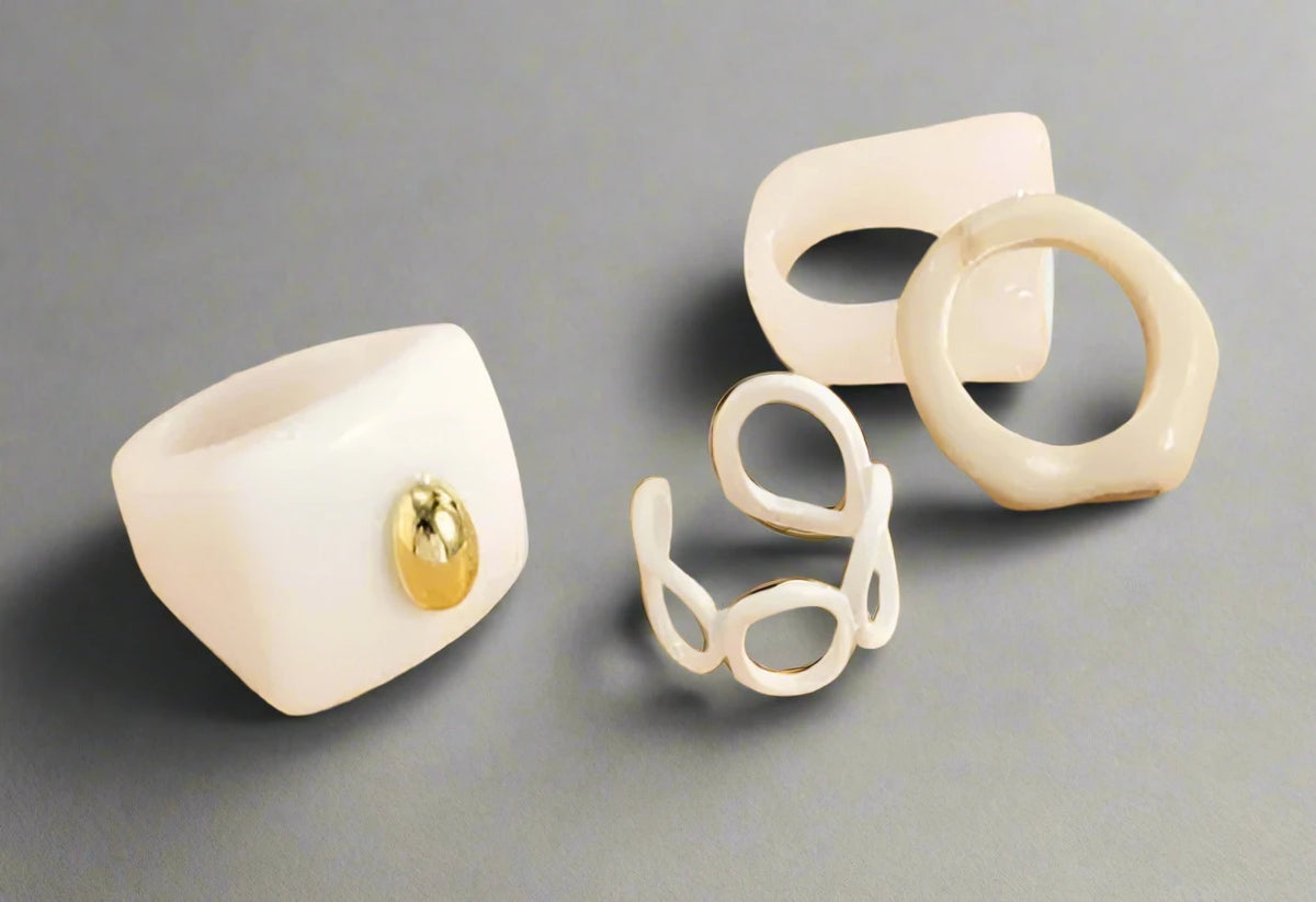 White Resin Elegance: Irregular Open-End Ring Set-Fashion Rings-StylinArts