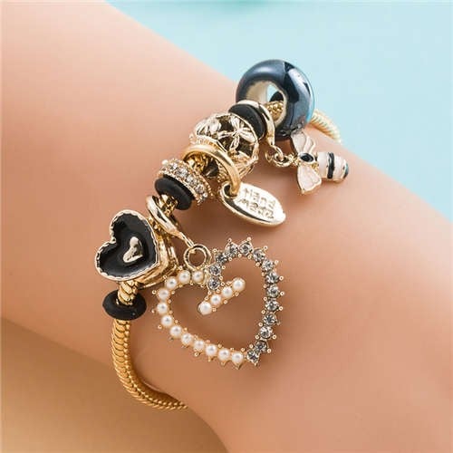 Love Bead & Onyx Charm Bracelet-Fashion Bracelets & Bangles-StylinArts