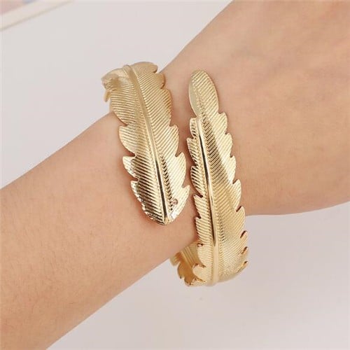 Golden Alloy Feather Punk Bangle-Fashion Bracelets & Bangles-StylinArts