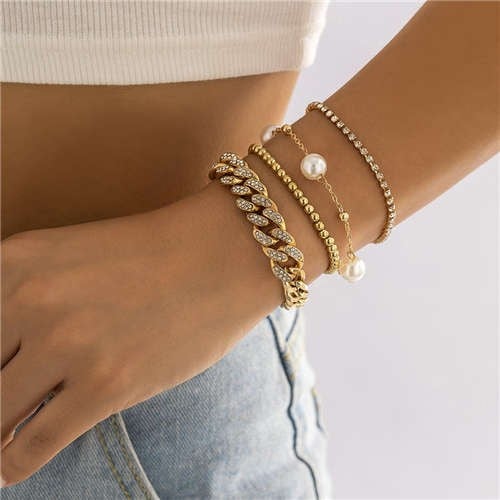 Golden Pearl Rhinestone Multilayer Bracelet-Fashion Bracelets & Bangles-StylinArts
