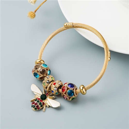 Bee Charm & Multicolor Zirconia Bangle-Fashion Bracelets & Bangles-StylinArts