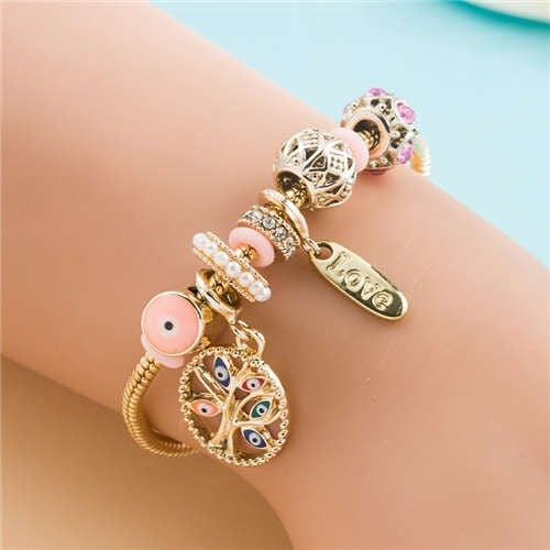 Pink Eye & Bead Charm Bracelet-Fashion Bracelets & Bangles-StylinArts