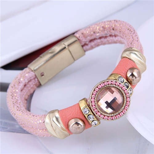 Pink Rhinestone Folk Leather Bracelet-Fashion Bracelets & Bangles-StylinArts