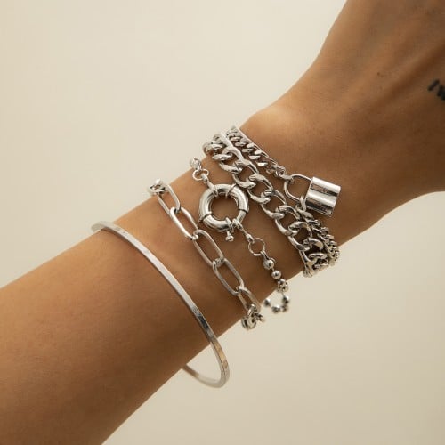 Artistic Silver Mixed Chain Set-Fashion Bracelets & Bangles-StylinArts