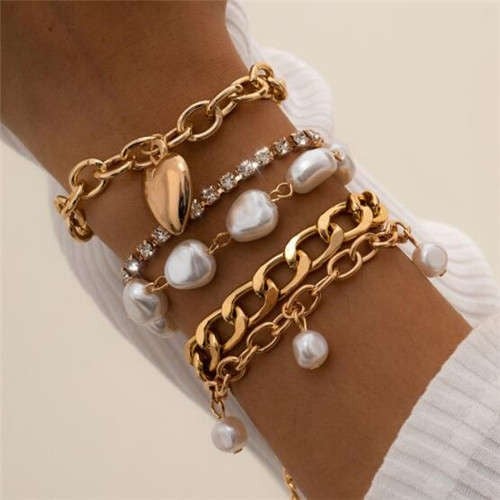 Baroque Pearl & Heart Golden Set-Fashion Bracelets & Bangles-StylinArts