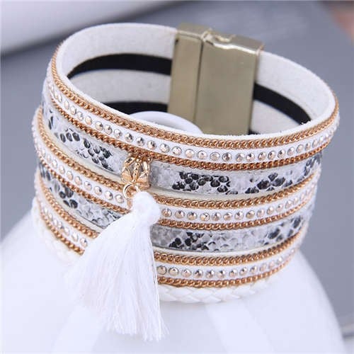 White Rivet Tassel Snakeskin Bangle-Fashion Bracelets & Bangles-StylinArts