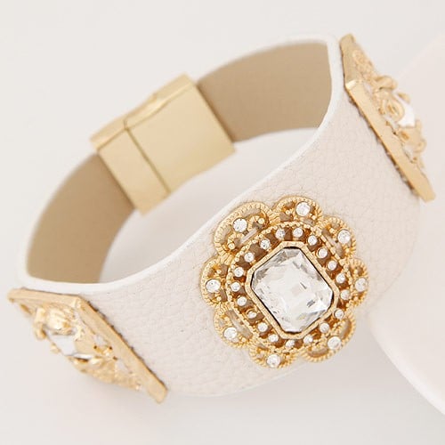White Square Glass Floral Leather Bangle-Fashion Bracelets & Bangles-StylinArts