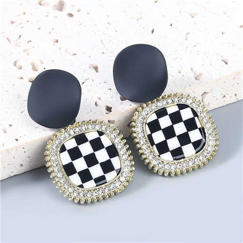 Black and White Checkered Charm Squares-Fashion Earrings-StylinArts