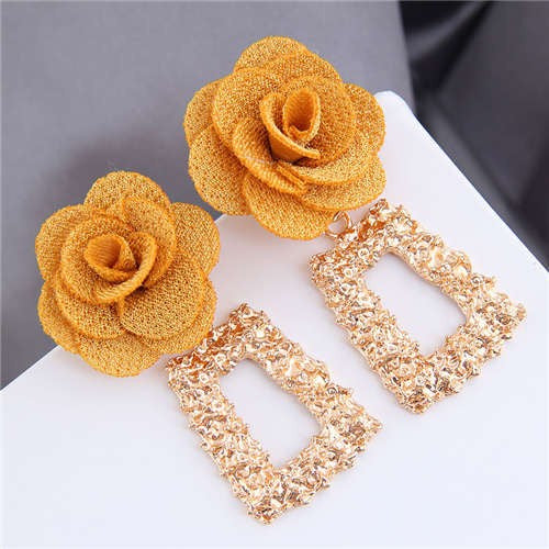 Golden Flower Trapezoid Blooms-Fashion Earrings-StylinArts