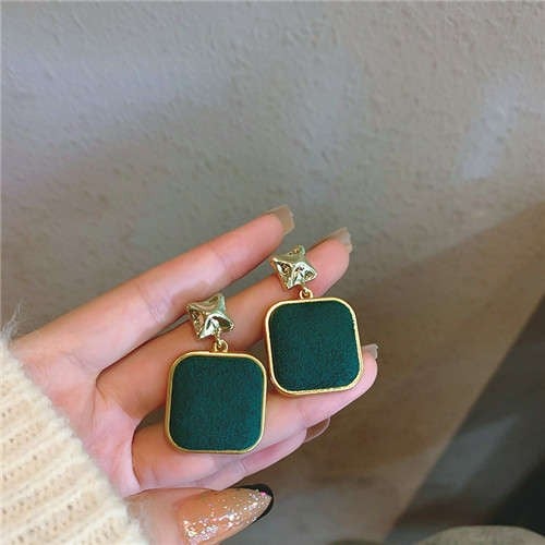 Green Emerald Square Flannel Dangles-Fashion Earrings-StylinArts