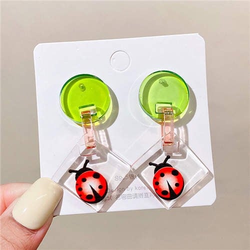 Green Ladybug Love Dangle Earrings-Fashion Earrings-StylinArts